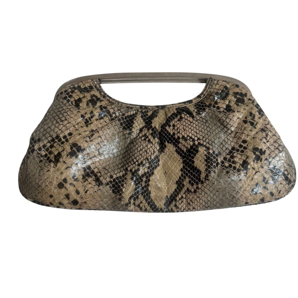 Express Snakeskin Print Clutch Bag Metal Frame Handle Neutral Animal Print Purse